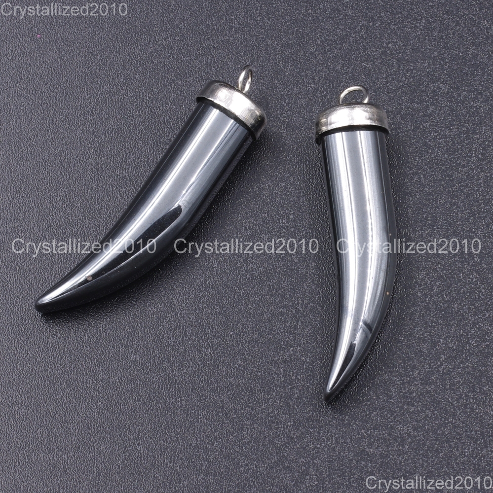 Natural Hematite Gemstone Horn Tusk Tooth Pendant Necklace Beads Silver Gold Cap