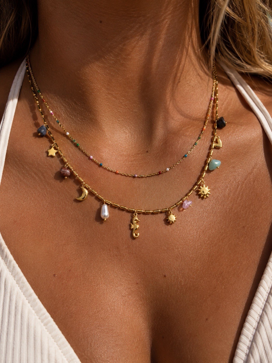 Gold Layered Charm Necklace Moon Star Sun Colorful Beaded Pendant Boho 18K Gold