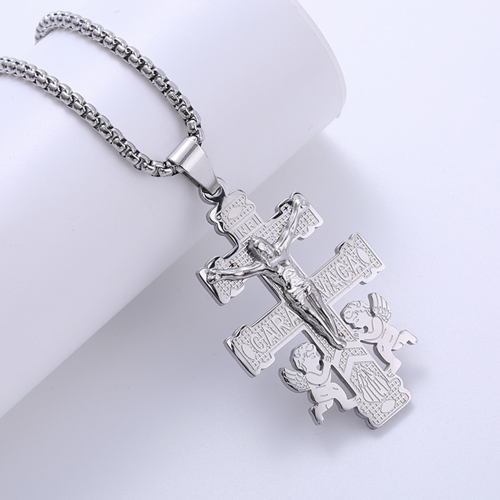 Mens Boys Stainless Steel Caravaca Double Cross Angels Crucifix Pendant Necklace