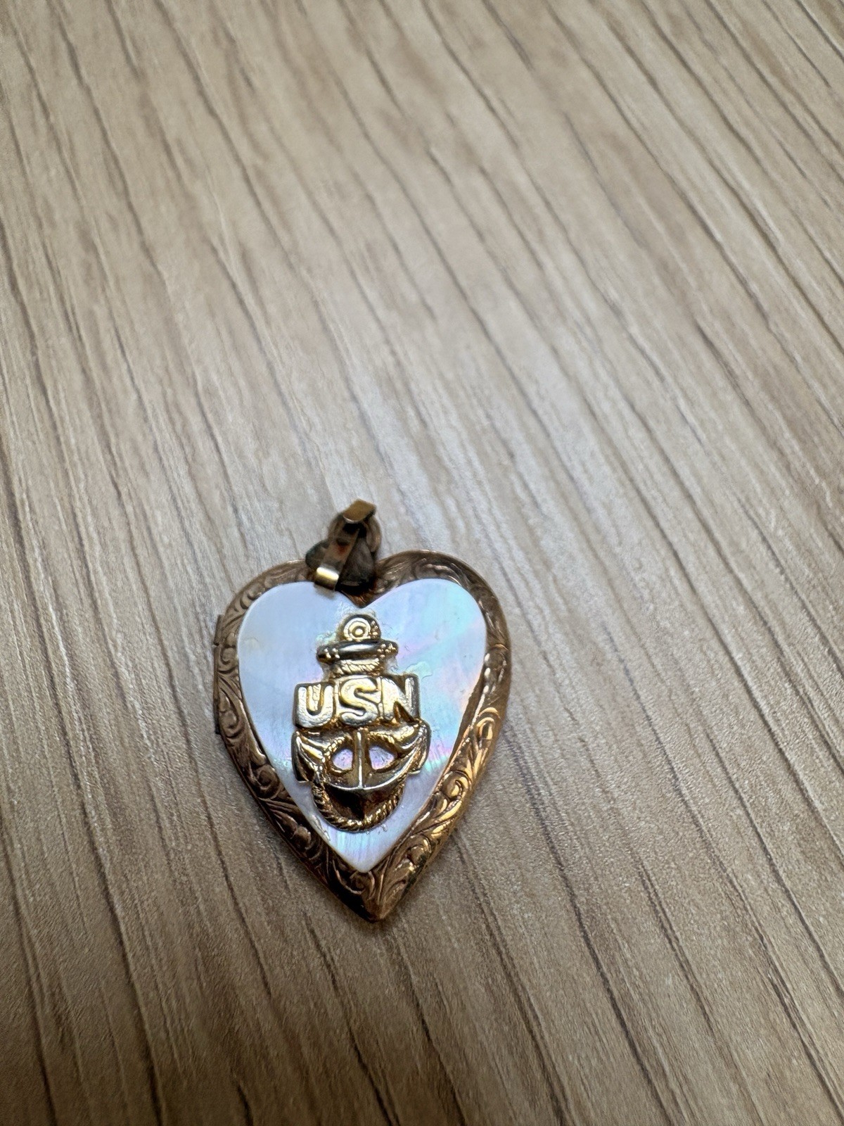 Vintage Yellow Gold Heart Mother of Pearl USN Anchor Nautical Charm Pendant