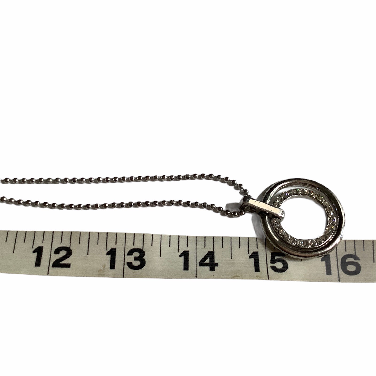 Cookie Lee Silver Tone 2 Circle Hoop RhinestonePendant Necklace 32″ total