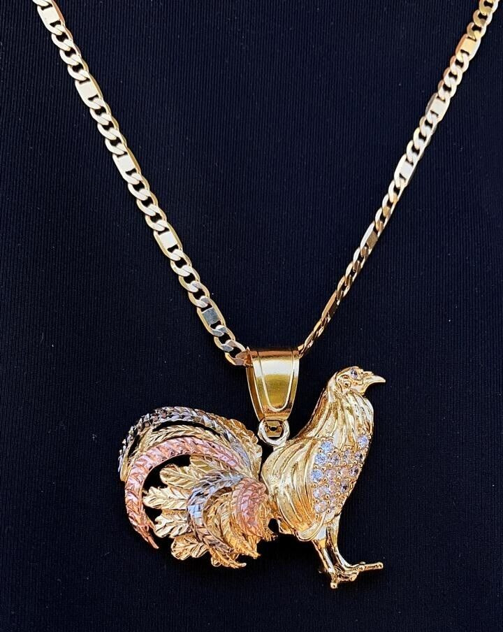 14K Gold Filed Chicken Rooster Pendant Necklace 24″ Figaro Valentino Mens Cadena