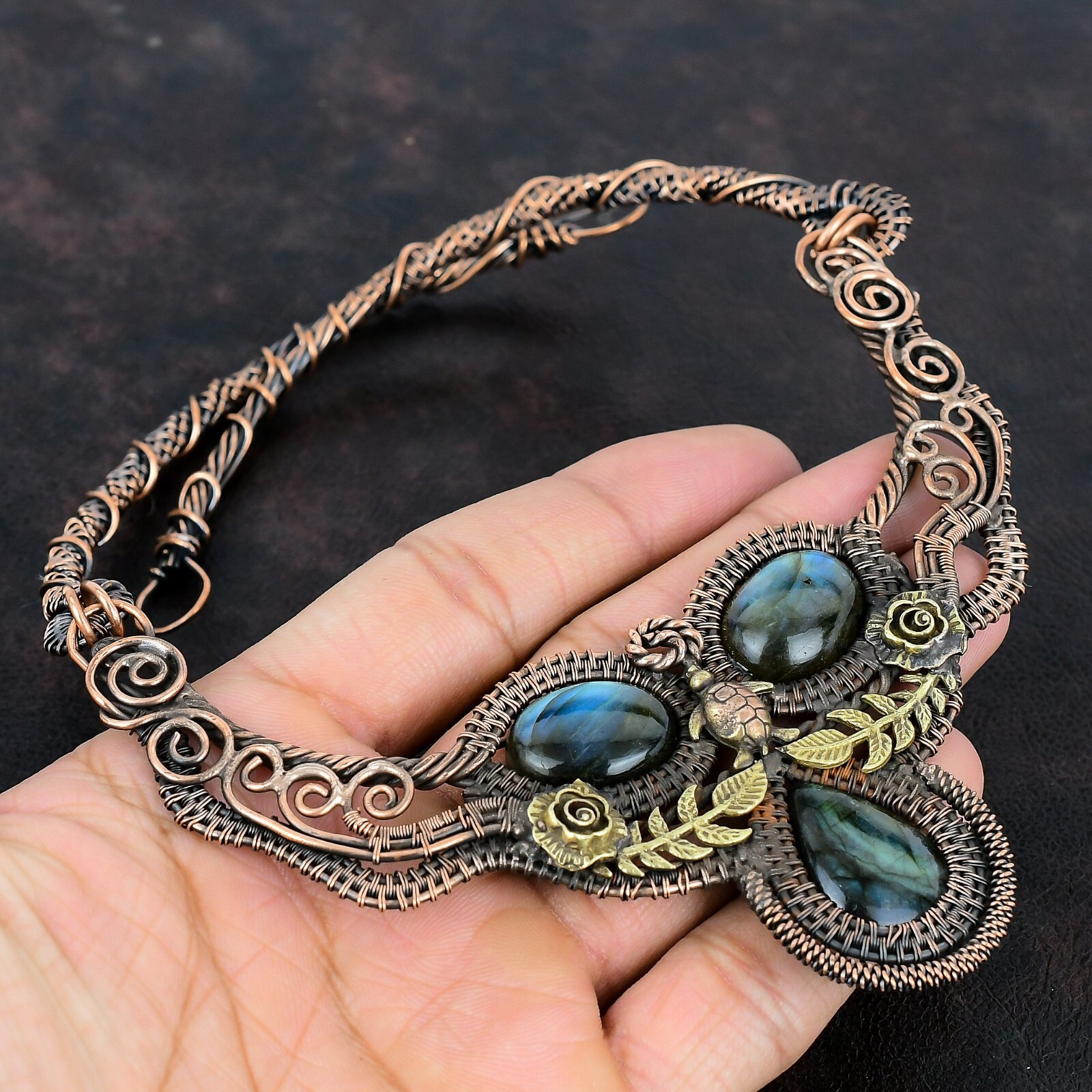 Labradorite Copper Mother Gift Wire Wrapped Tortoise Chain Necklace 18.0″
