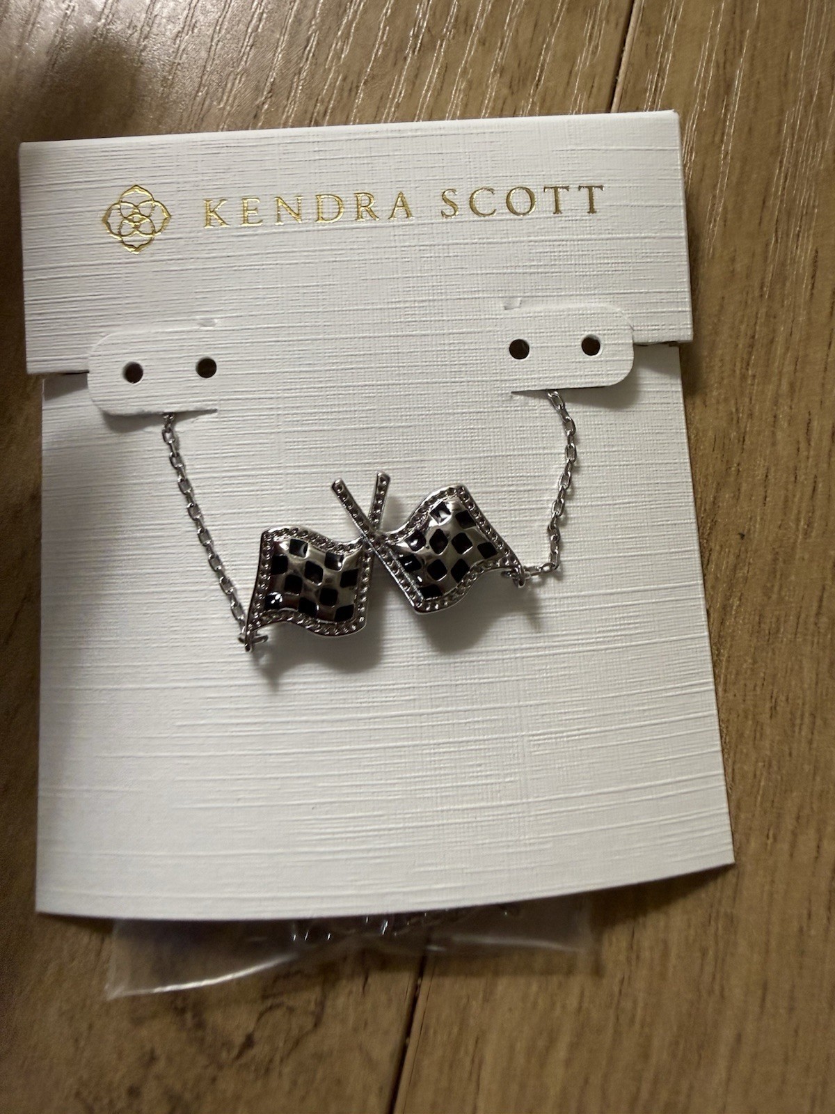 Kendra Scott Silver Tone Checkered Flag Charm Pendant Necklace, Cable Chain