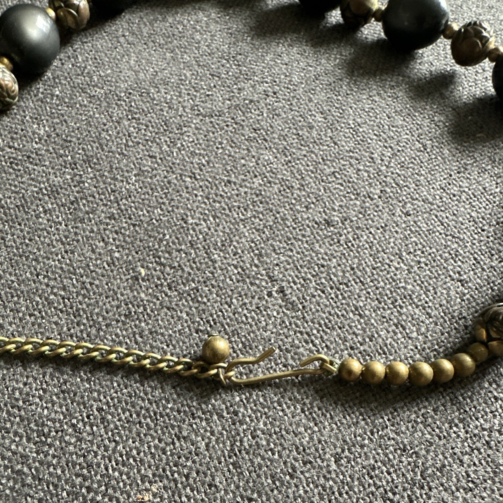 Gold Tone & Gray Beaded Necklace, Curb Chain, Spring Ring Clasp