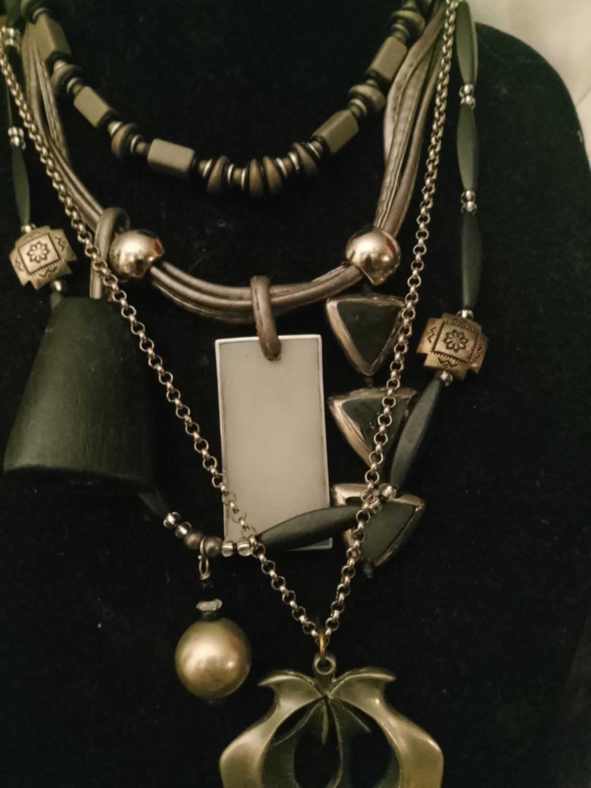 Silver Black Metal Beaded Multi-Strand Layered Statement Charm Necklace