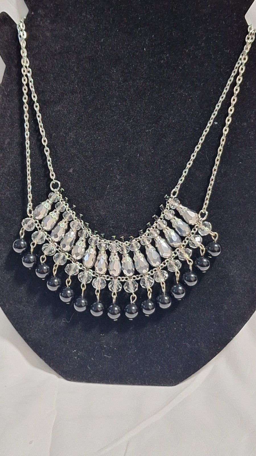 Silver Tone Bib Statement Necklace Clear Rhinestone Crystal & Black Bead Fringe