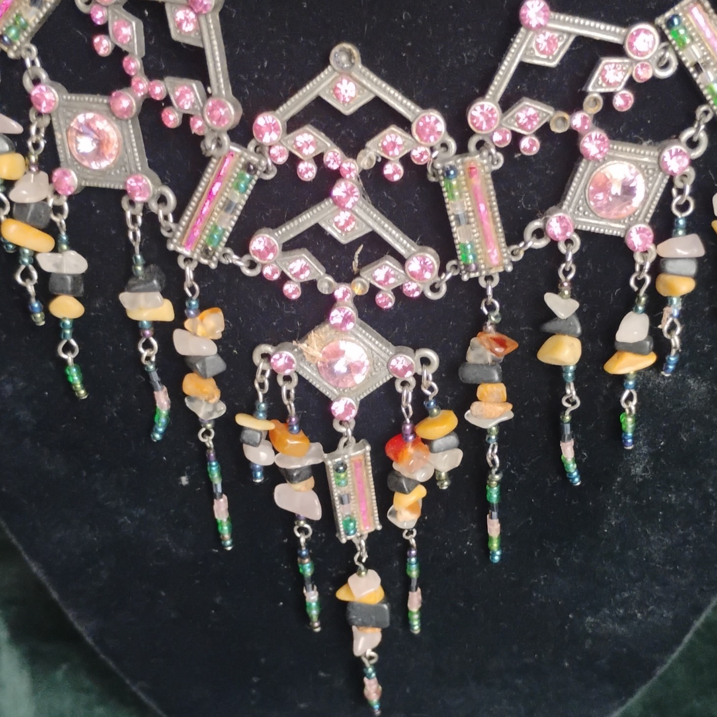 Silver Tone Art Deco Bib Statement Necklace, Pink Crystals Bead Dangles