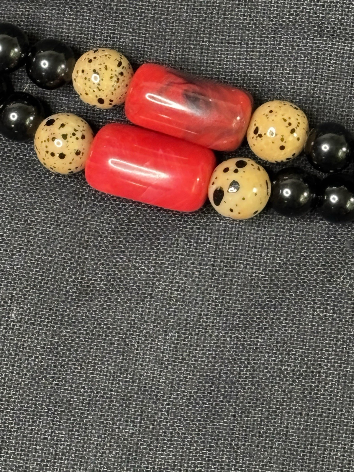 Angela Caputi 62” Tribal Style Single Strand Red, Black And Amber Bead Necklace