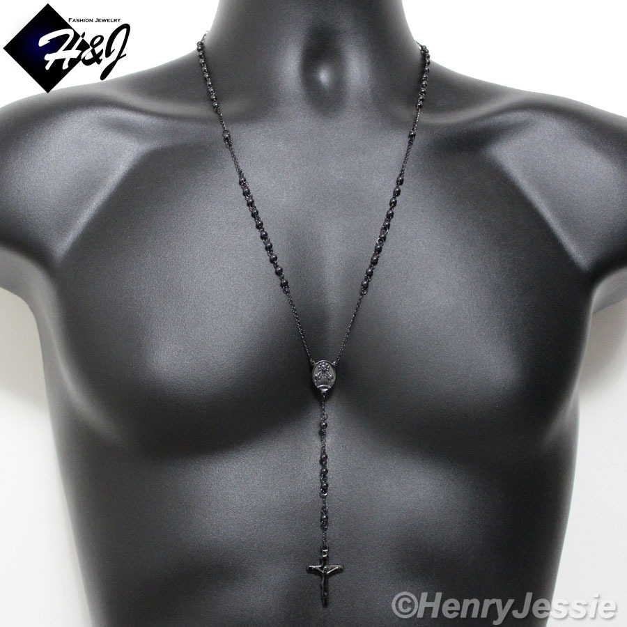 25+5″MEN WOMEN Stainless Steel 3.5mm Black Plated Beads Rosary Necklace