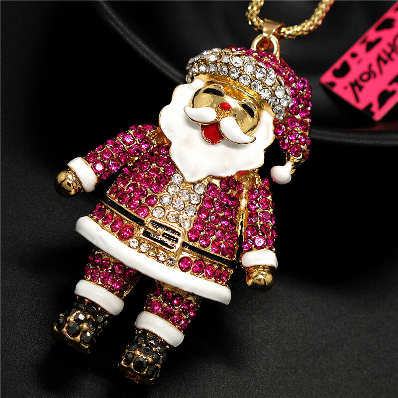 Fashion Women Pink Crystal Enamel Santa Claus Pendant Long Chain Necklace Gift