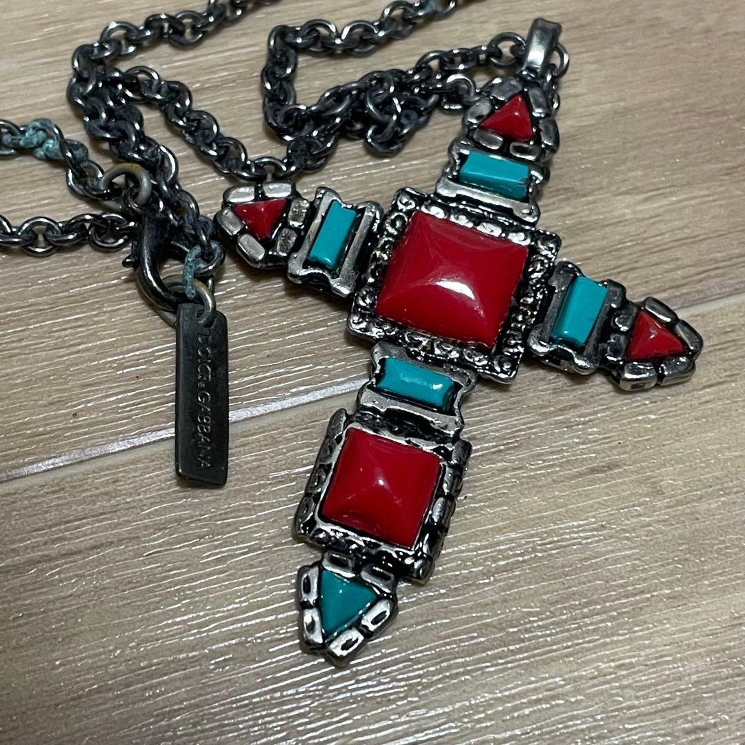 Dolce & Gabbana Large Cross Necklace Red Turquoise Stone Length: 15 in. Vintage