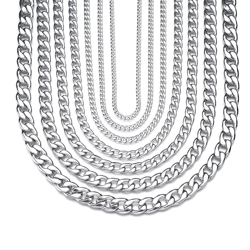 2-15mm Men’s 316L Stainless Steel Silver Curb Link NK Necklace Chain Wholesale