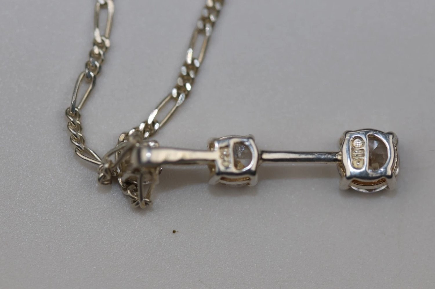 Sterling Silver 925 Three Stone Drop Pendant Necklace 16″ Figaro Chain Italy