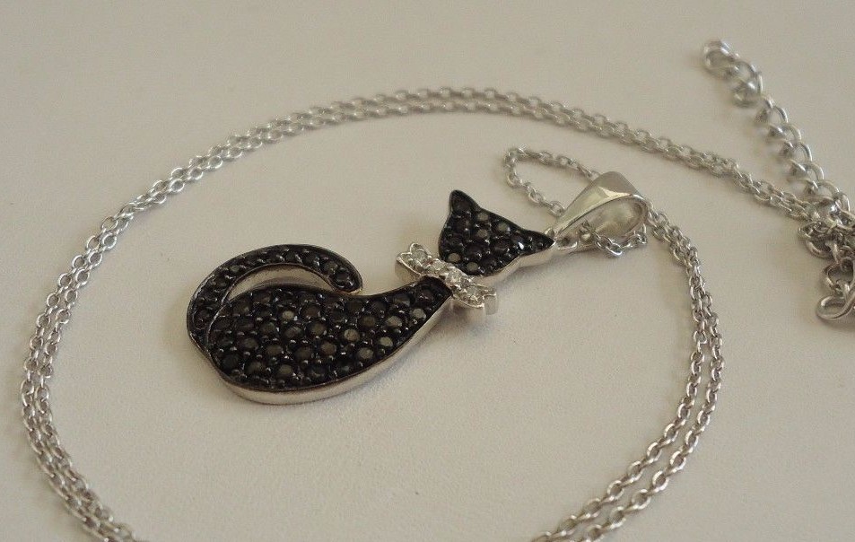 925 STERLING SILVER BLACK CAT NECKLACE PENDANT W/ 2.50 CT ACCENTS/18”