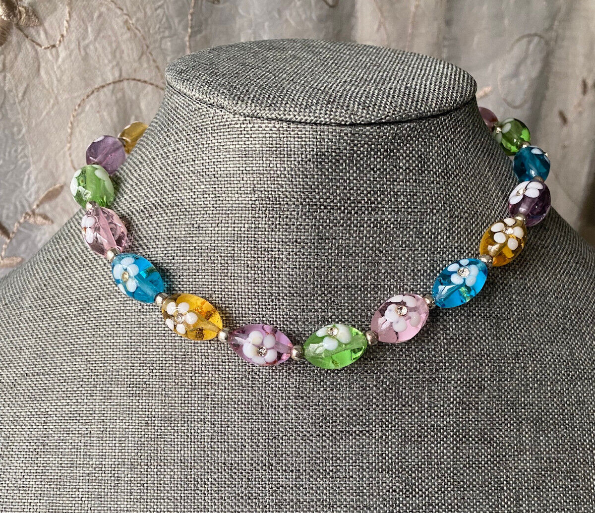 15″ Art Glass Beads with Rhinestones on Each Flower- .925 Silver Connect NK207