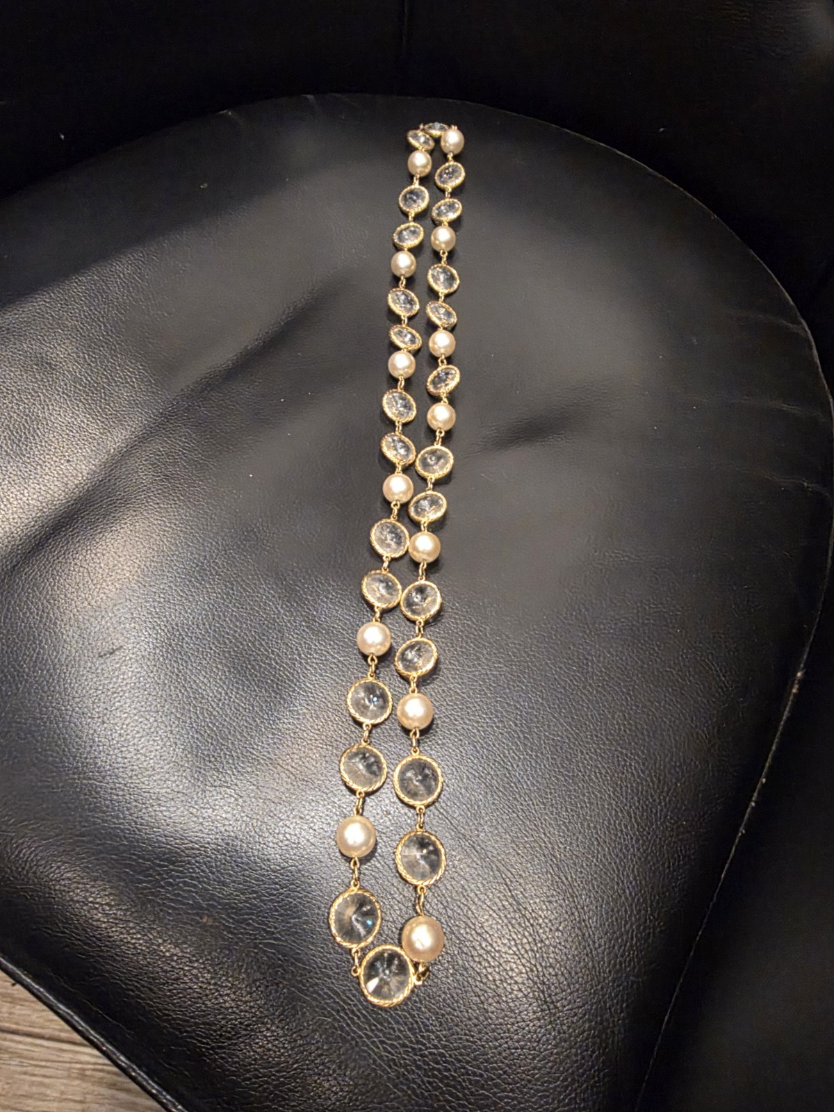 French Fancy Bezel Set Double Point Crystal & Glass Pearl Rope Necklace 32″ L