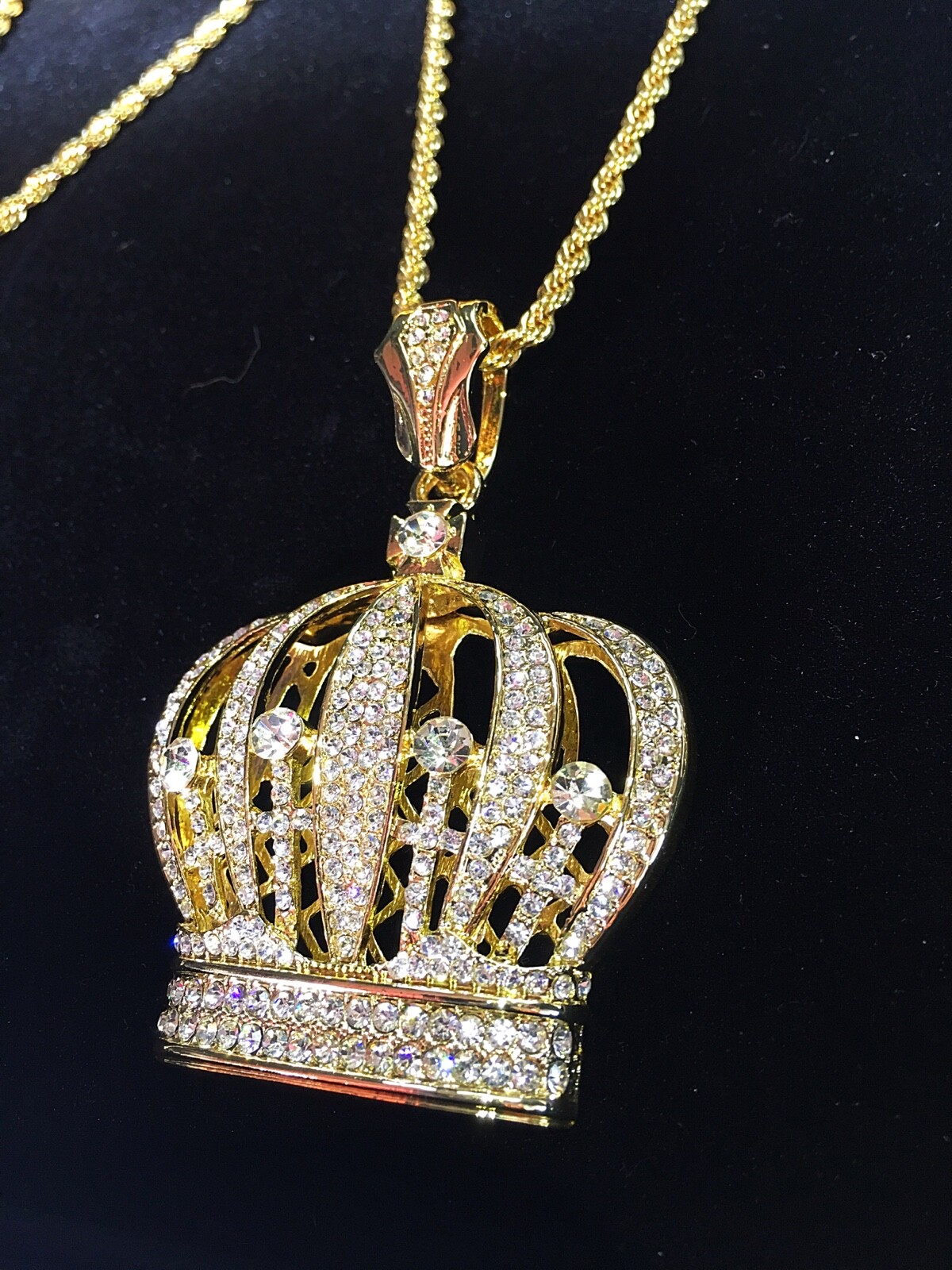 Solid 18K Gold Lab Diamonds BIG CROWN Pendant Chain Necklace *LIFETIME WARRANTY*