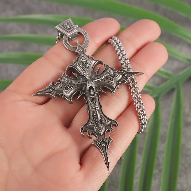 Gothic Skull Cross Pendant Necklace Jesus Crucifix Punk Catholic Jewelry