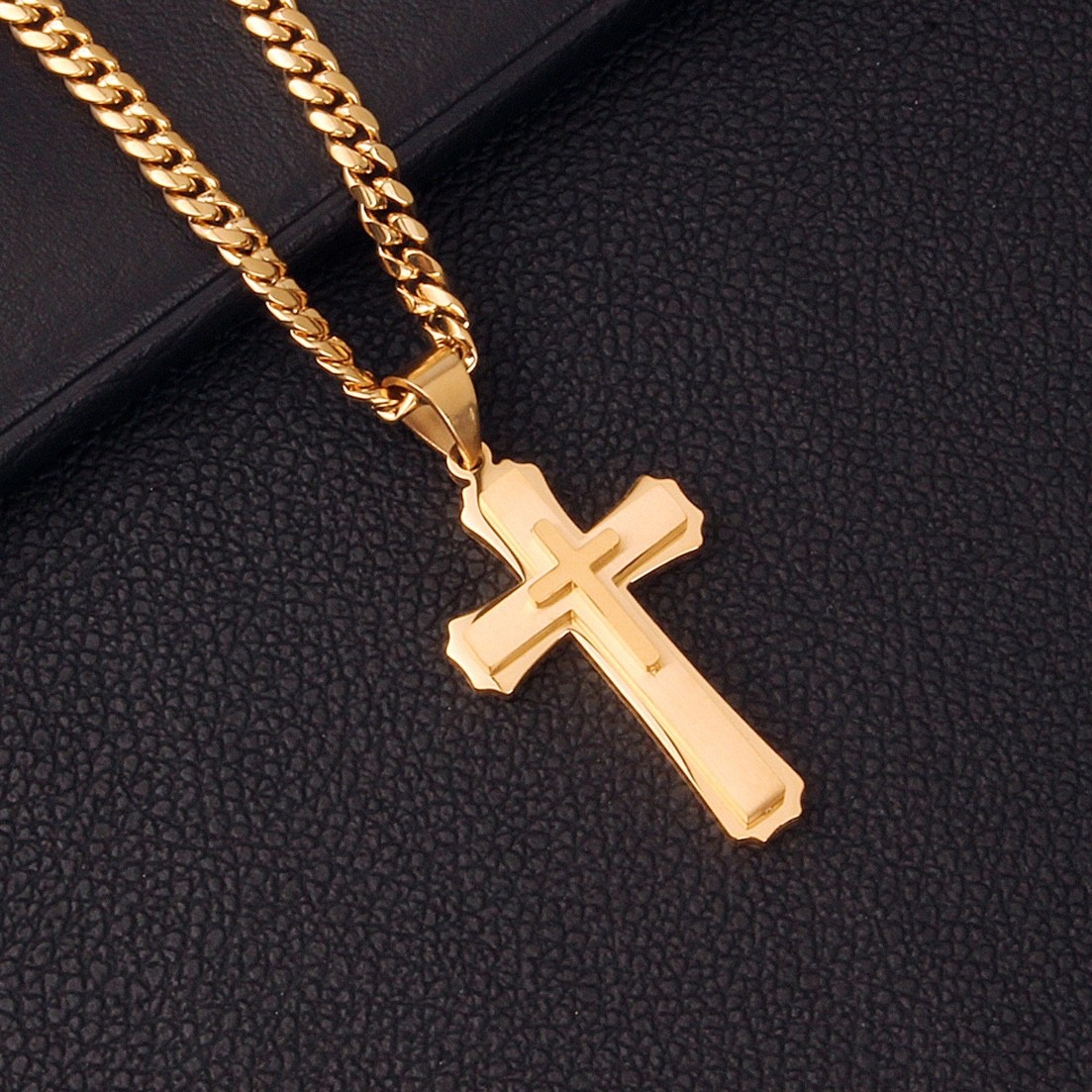 Men’s Stainless Steel Cross Necklace Cuban Chain Pendant Gold Silver Black 24