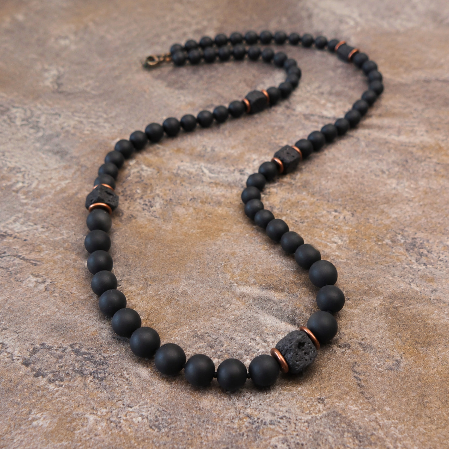 Matte Black Onyx Cube Lava Rock Beaded Necklace Mens Boho Gemstone Jewelry Gift