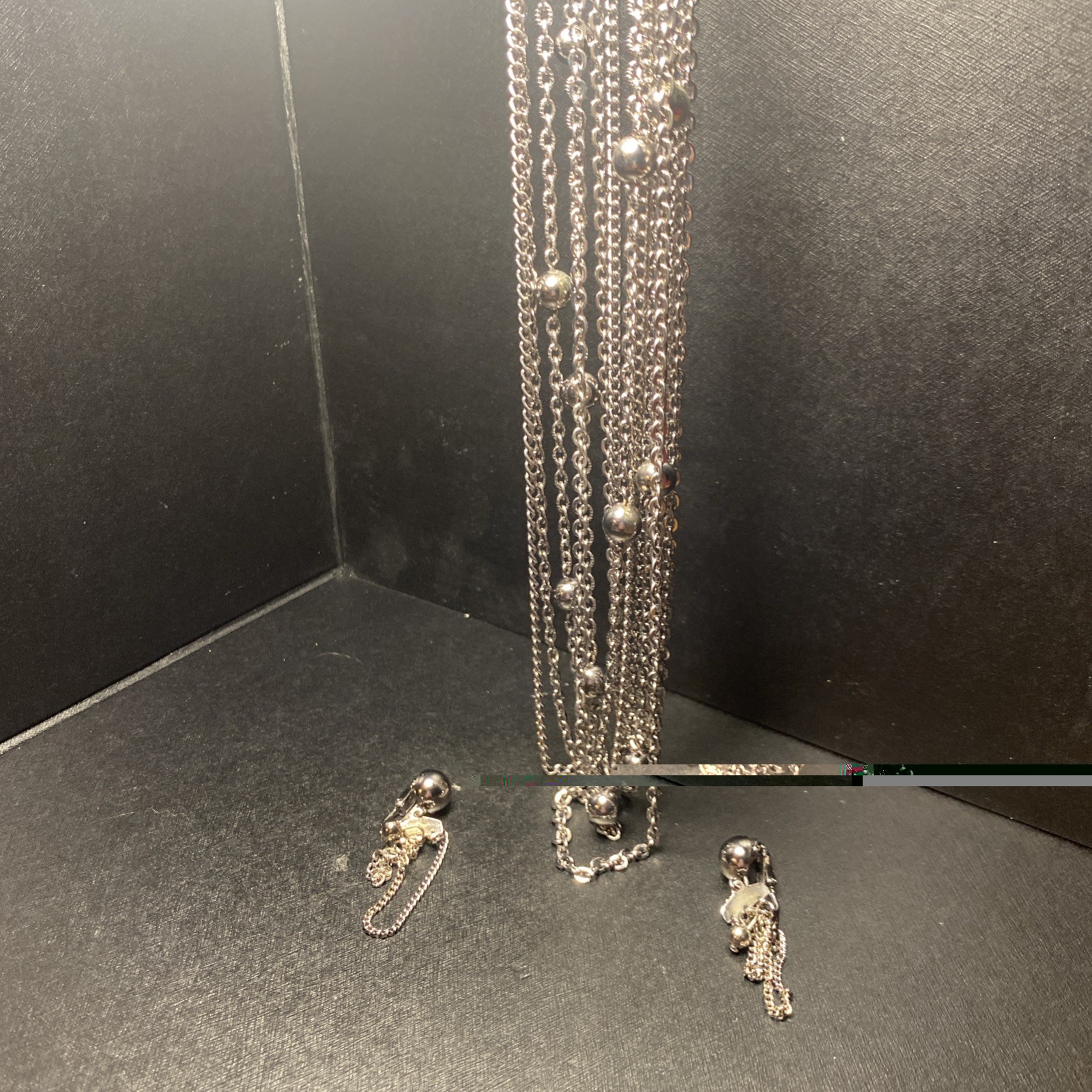 VTG Retro 7 Strand Gunmetal Silver toned Chain + Ball Necklace Earrings Set
