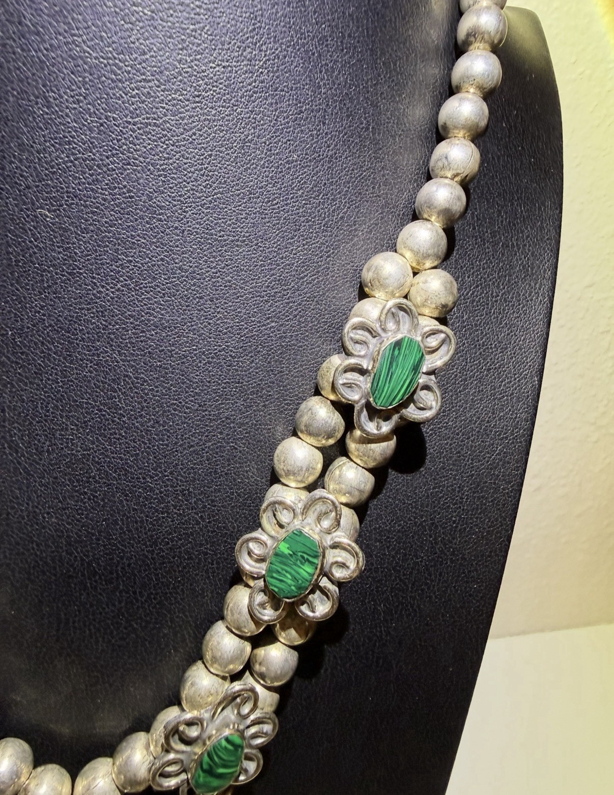 Vintage Southwestern Silver Bead Necklace w/ Malachite Stones & Naja Pendant