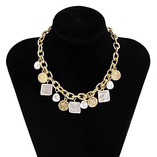 Punk Cuban Link Chain Choker Necklace with Irregular Pearl Coin Tassel Carved