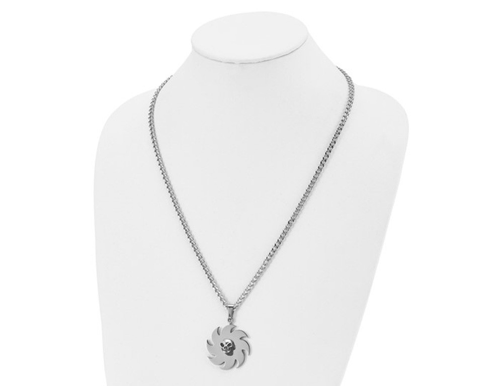Stainless Steel Polished Skull on Saw Blade Pendant with Chain
