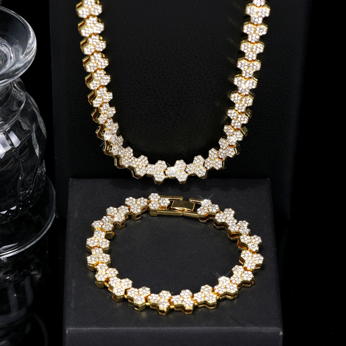 Tennis Jewelry Set Gold Stainless Steel zirconia stone unisex Necklace Bracelet