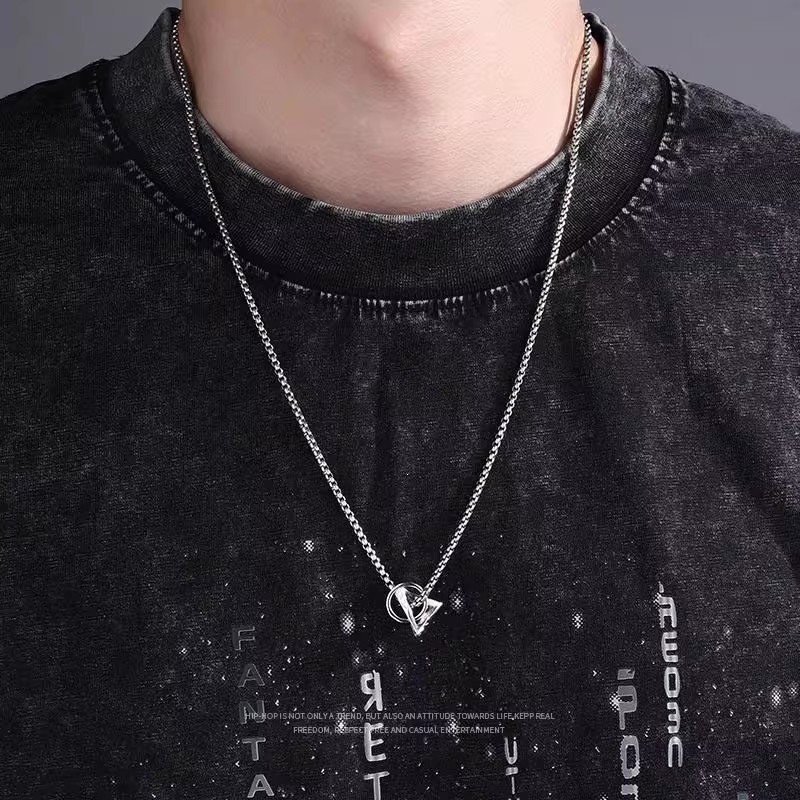 Triangle Ring Interlock Pendant Necklace Stainless Steel Silver Unisex Choker
