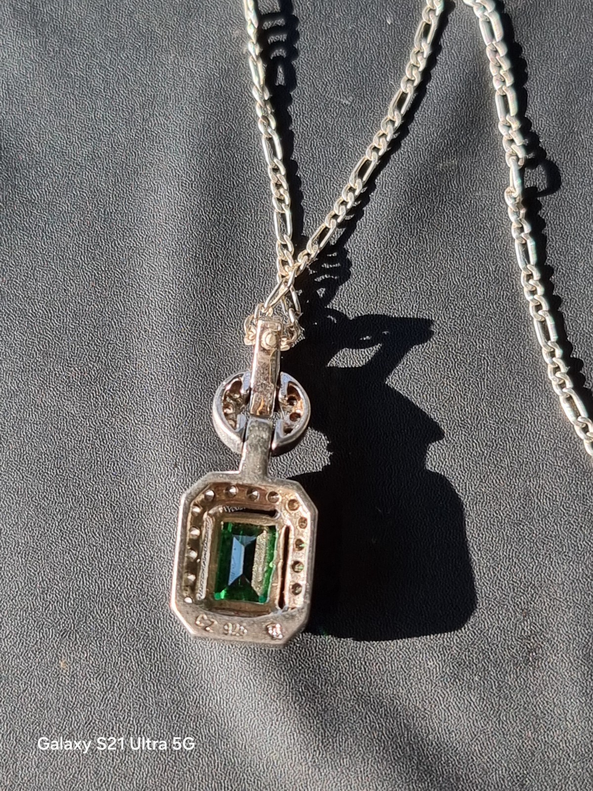 925 Sterling Silver Emerald-Cut Green CZ Halo Pendant on Figaro Chain(Genuine Si