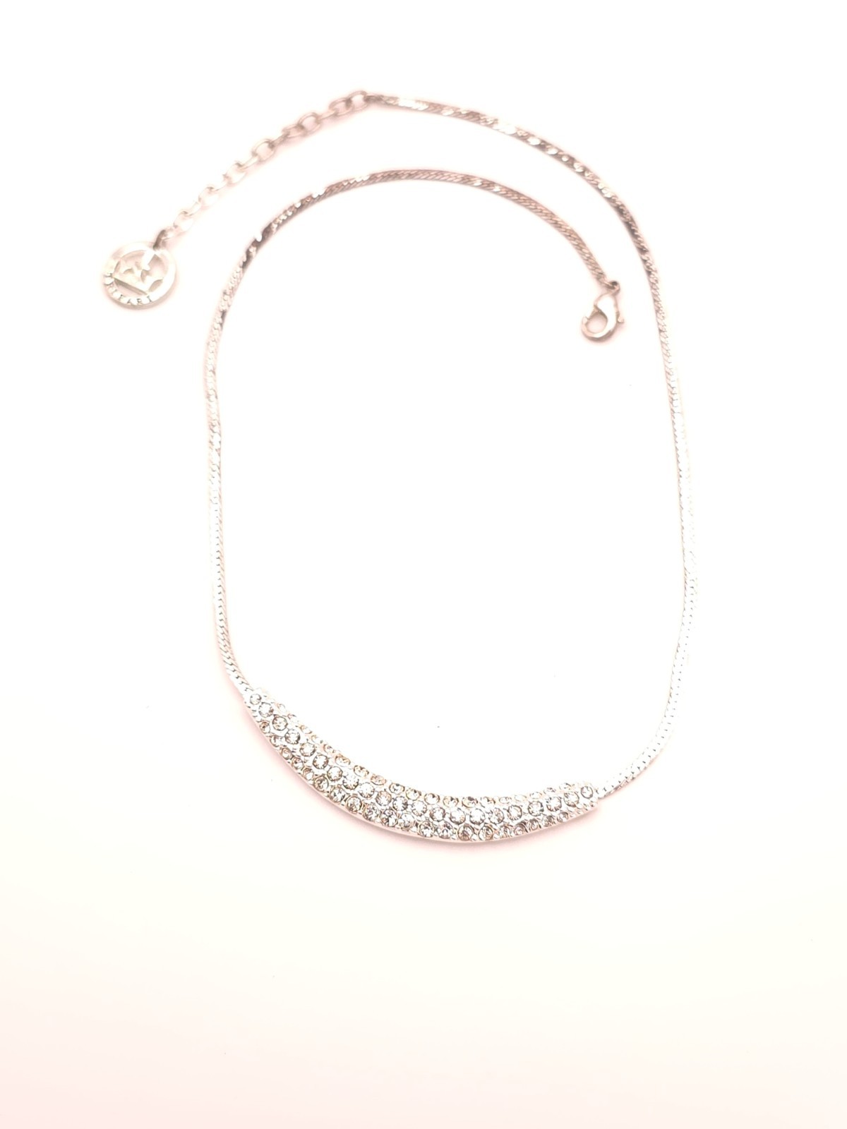 Vtg Trifari Signed Silver Tone Crystal Curved Bar Chain Necklace