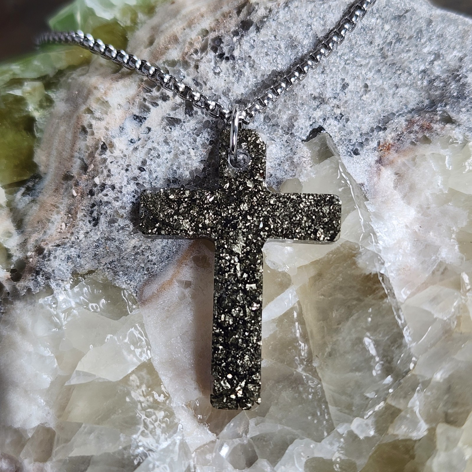 Handmade Pyrite Cross Pendant Necklace Resin Cross 50cm Stainless Steel Chain