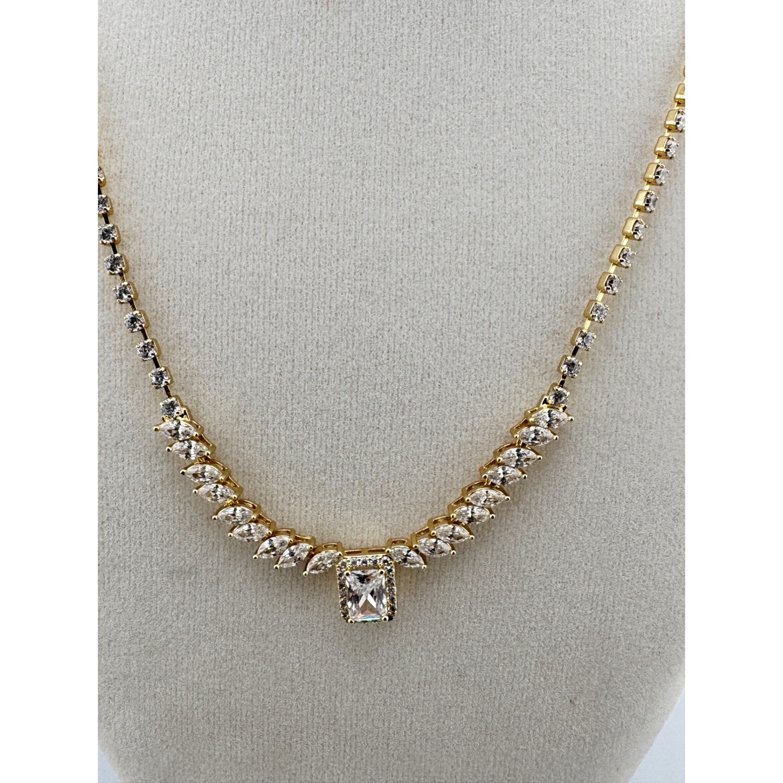 Gold Tone Emerald Cut Cubic Zirconia Marquise Drop Statement Necklace Bridal