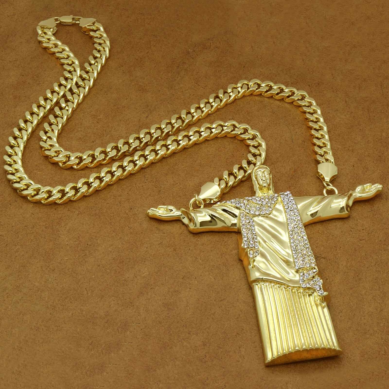 Hip Hop 14k Gold Plated Huge “JESUS” Pendant Cubic Zirconia 30″ Cuban Chain (H)