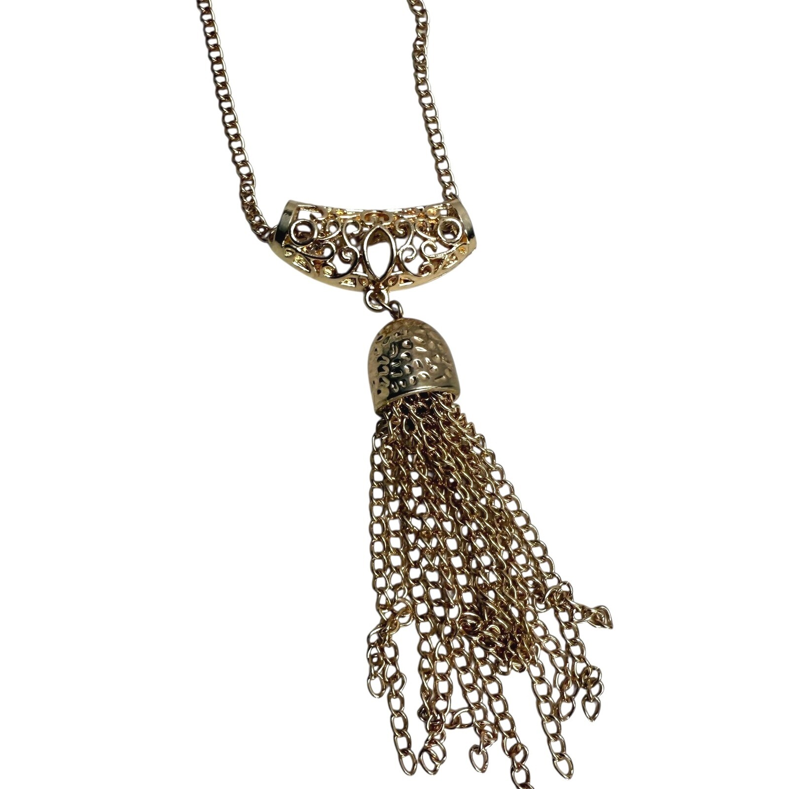 Gold Tone Fringe Tassel Pendant Necklace Chain Statement Fashion Jewelry 15 in L