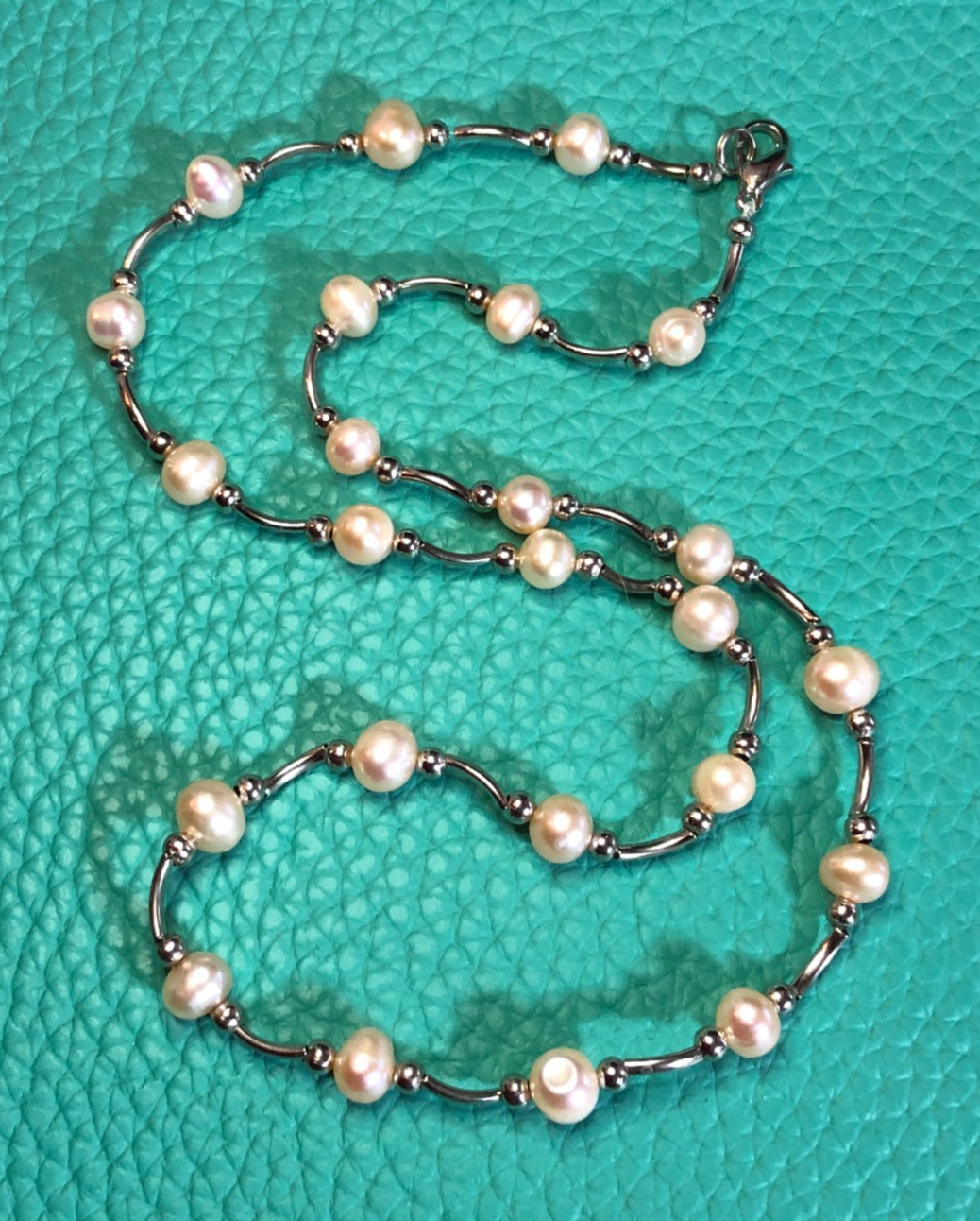 Genuine Cultured Pearl Necklace PEACH Silver Wave Tube Station Bead 18.7″ 8489