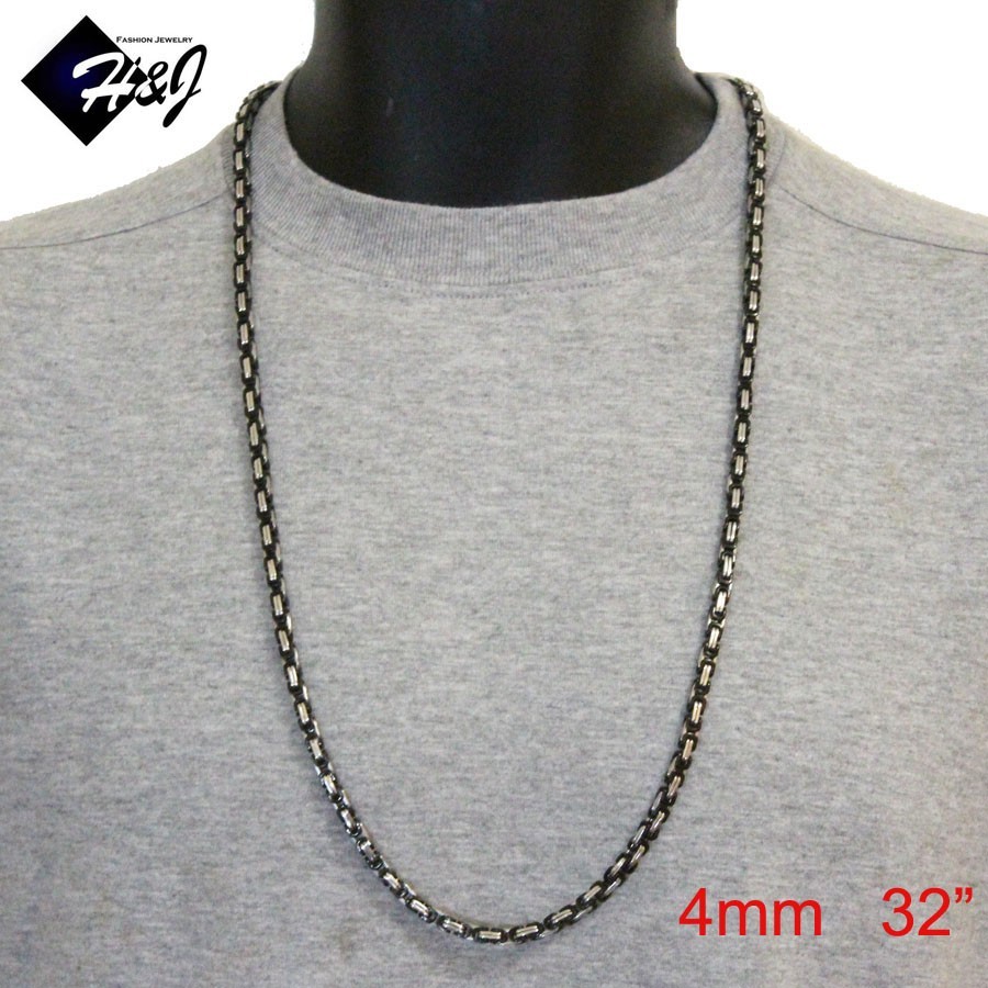 18-40″MEN’s Stainless Steel 4mm Silver/Black Plated Byzantine Box Chain Necklace