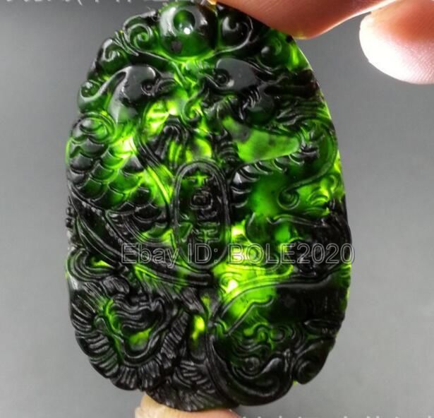 Natural Black Green Jade Carved Chinese Dragon Phoenix Pendant Necklace Jewelry