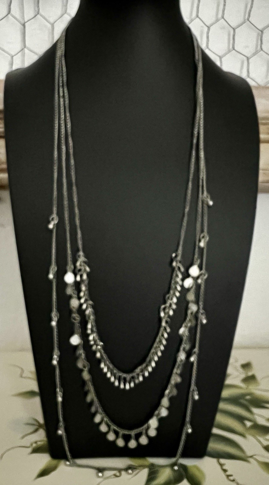 Silver Tone Layered Coin Charm Necklace Boho Multi Strand Statement Jewelry
