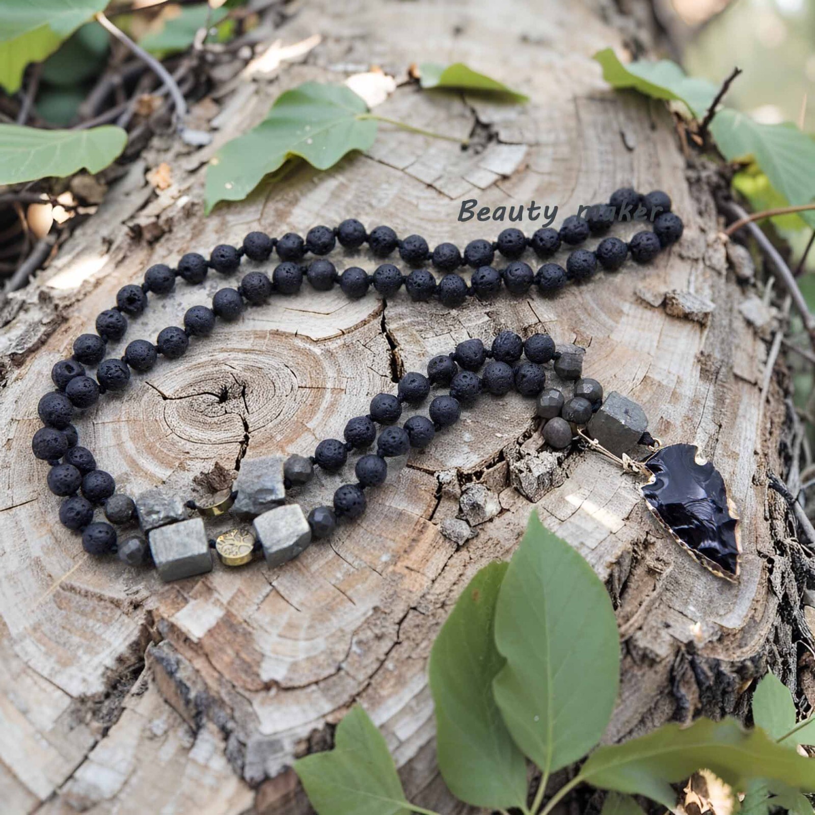 Black Obsidian Arrowhead Pendant lava Rock Pyrite Beads Meditation Necklace