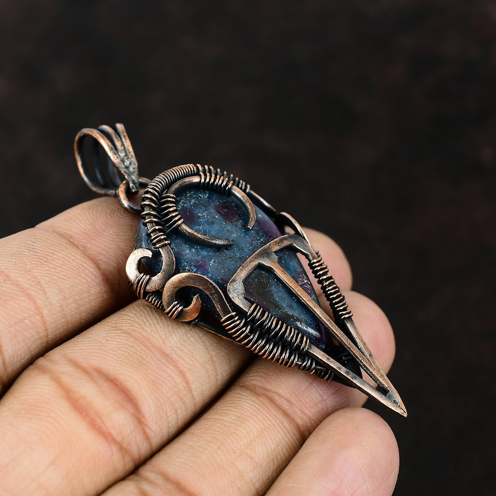 Halloween Deal Rubi In Blue Kyanite Gemstone Wire Wrapped Pendant Jewelry Copper