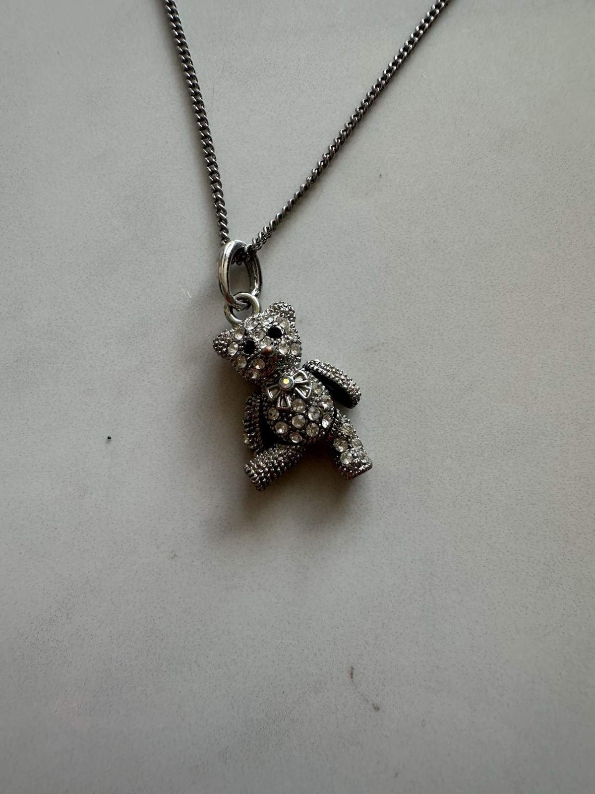 Vintage Style Articulated Rhinestone Teddy Bear Pendant Necklace Silver Tone