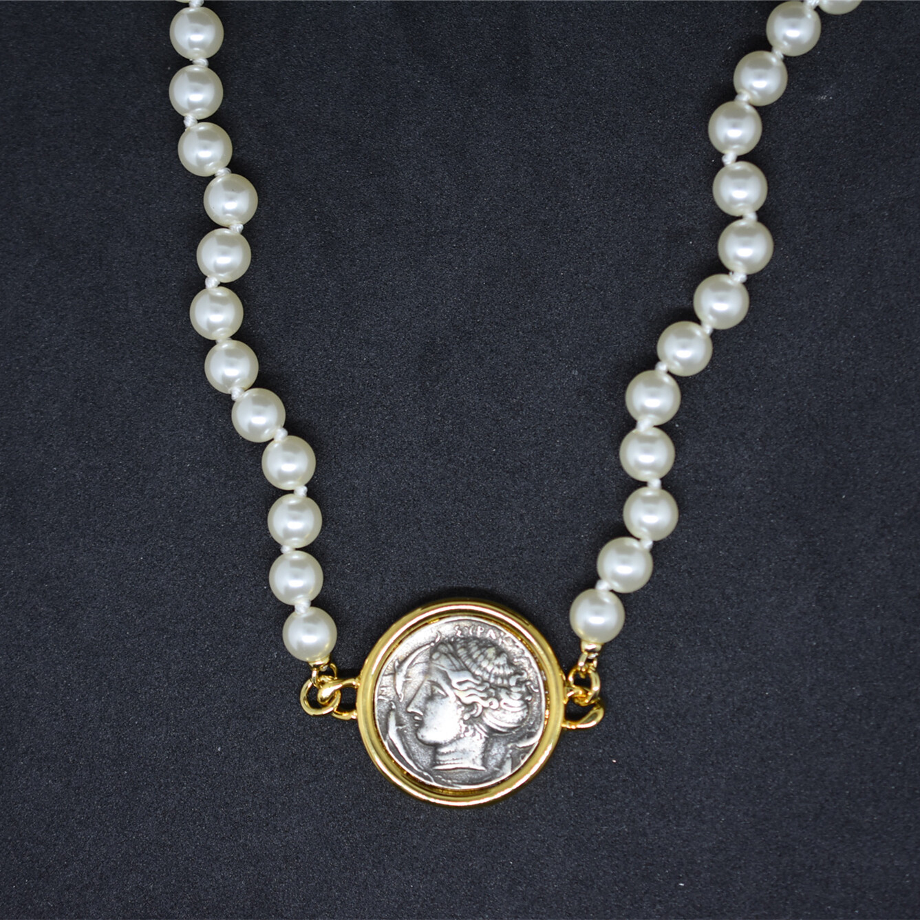 Retro Coins Ancient Roman Hunting Carriage/Ocean Goddess 2sided Pearl Necklace
