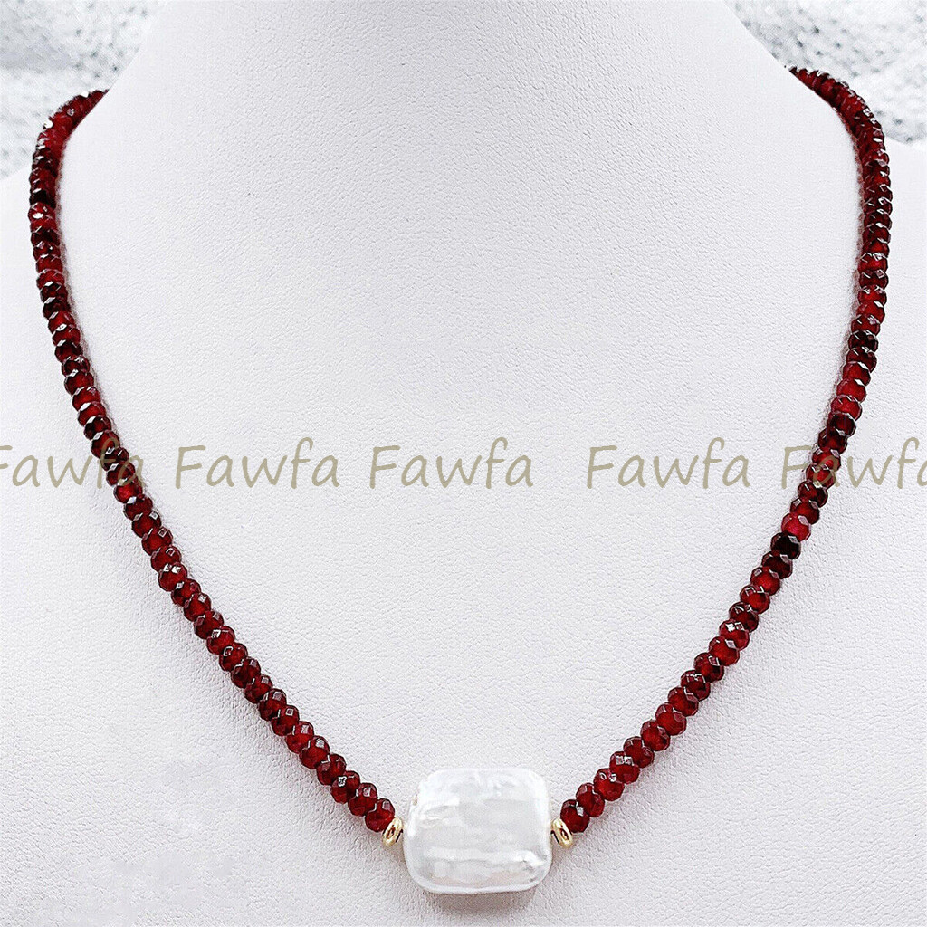 Faceted 2x4mm Red Garnet Natural 15x20mm White Baroque Pearl Pendant Necklace