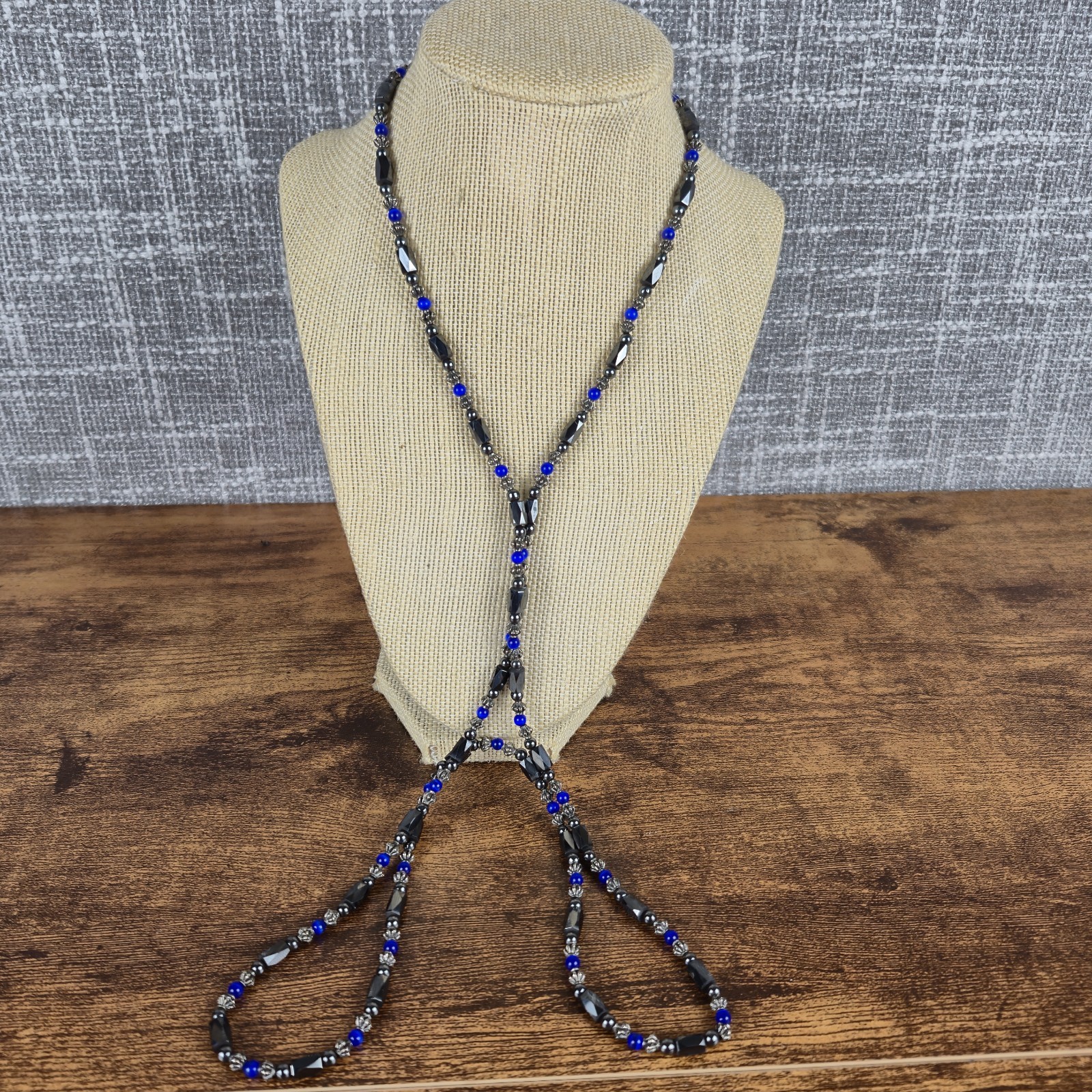 Hematite Magnetic Blue Black Beaded Wrap Bracelet Necklace Versatile Long 44″Vtg