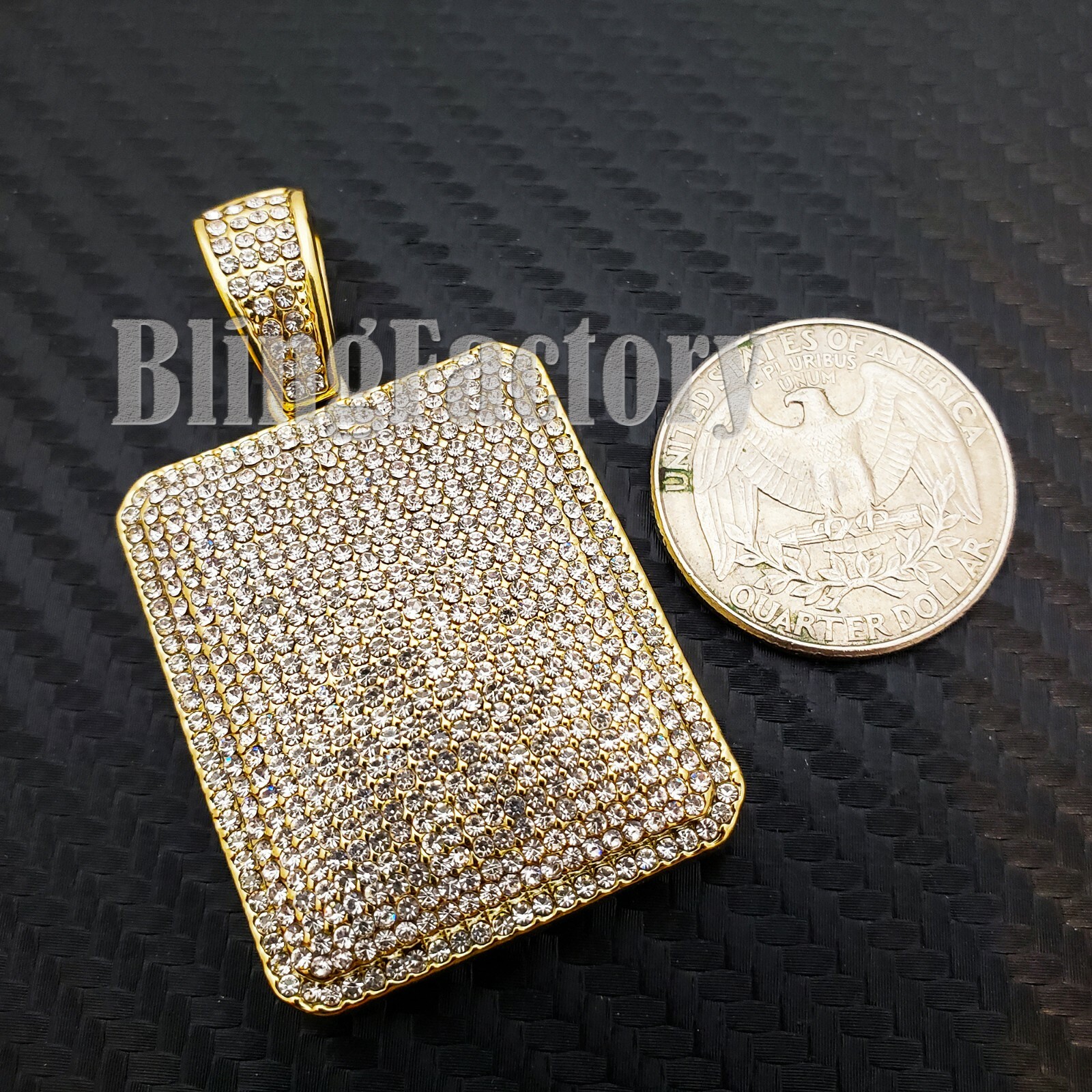 HIP HOP FULL ICED CUBIC ZIRCONIA GOLD PLATED BLING SQUARE DOG TAG CHARM PENDANT