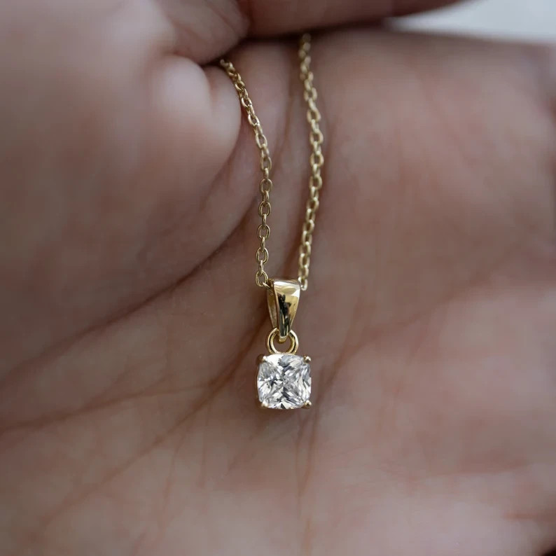 2 Ct Cushion Cut Pendant Necklace Simulated Diamond In 14k Yellow Gold Plated