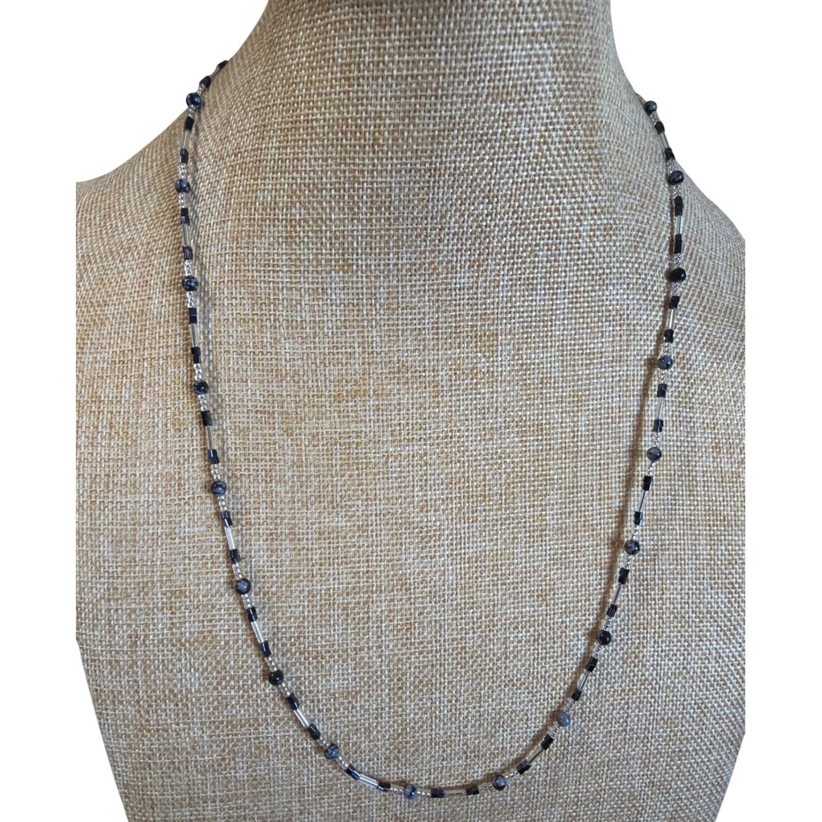 Black Grey Clear Beaded Strand Necklace Silver Tone Lobster Clasp
